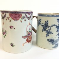 Two Chinese tankards Famille rose and blue and white designs. 12 and 13cm tall.- NO RESERVE