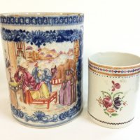 Two Chinese Famille rose porcelain tankards . 9 and 14cm tall.chips and crazing , hairline cracks as seen- NO RESERVE