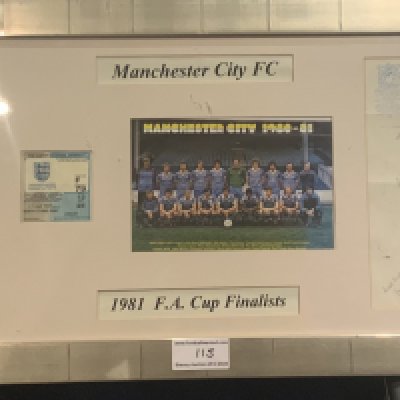 1981 Manchester City FA Cup Finalists Framed Display: Programme for first match plus ticket and team group picture. Manchester City headed paper with many hand signed autographs although a few fading.