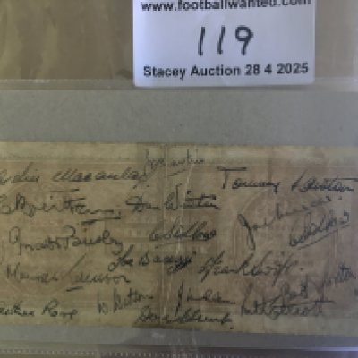 1940s England Football Stars Signed Item: A 100 lira bank note obtained by a soldier when either a Forces team or English FA team toured Italy. 19 autographs include greats such as Tommy Lawton Matt Busby Joe Bacuzzi Arthur Rowe Frank Swift Archie Macauley and Joe Mercer.