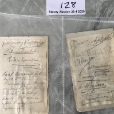 1925 Real Madrid Football Autographs v Tottenham: Removed from exercise book 16 back to back autographs in pencil. Other page has a few more and some notes in English about the trip. Real Madrid toured Europe starting with 3 matches in England.