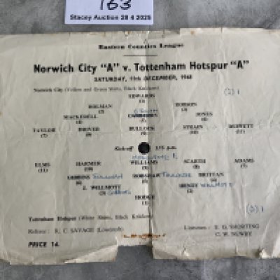 48/49 Norwich City v Tottenham ECL Football Programme: Rare Eastern Counties League single sheet programme with team changes and score. Dated 11 12 1948. A team match programme has piece missing from lower border and a bit tatty to edges.