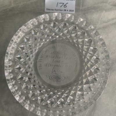 1990 Peter Shilton England International Farewell Football Gift: Played at White Hart Lane Tottenham in match between England XI and Franz Beckenbauer Italia 90 XI. Heavy Crystal dish states match details and is in excellent condition. Given to Spurs club secretary Peter Barnes in this case as well as players in the match.