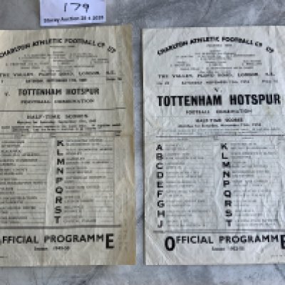 49/50 + 52/53 Charlton v Tottenham Football Combination Programmes: Both single sheets one dated 17 9 1949 in good condition with no team changes but folding. Other Combination match is similar and dated 15 11 1952. (2)