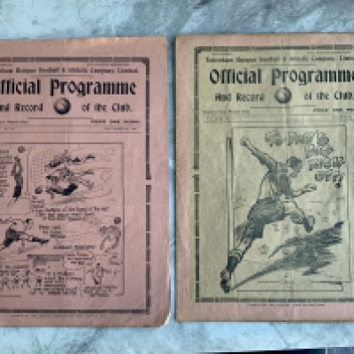 37/38 Tottenham Home Football Programmes: Division two matches v West Ham which is very good without writing and Coventry which was in a frame and has discoloured. (2)