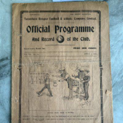 1914 - 1915 Tottenham v Newcastle United Football Programme: Rare season as first season of First World War. 8 page fold out programme has tears and a few pin holes. Doubles up as Portsmouth in the South Eastern League. 110 years old.