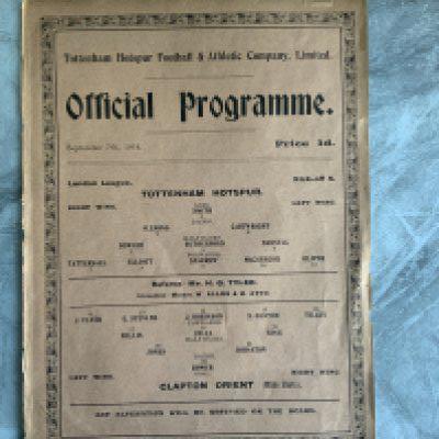 1914 - 1915 Tottenham v Clapton Orient Football Programme: Rare season as only 6 weeks into 1st World War. Single sheet is excellent for 110 years old. London League match dated 7 9 1914.