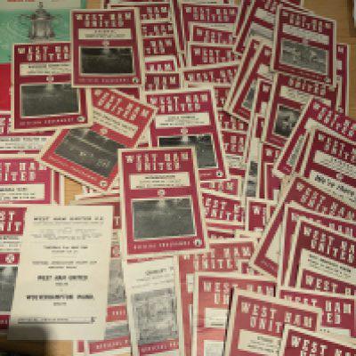 West Ham Football Programmes: Includes home League Cup 63/64 Workington, Youth Cup v 1963 Liverpool Final, Wolves Semi, 1958 Practice Match. Away testimonial 1963 Southend, 1963 Cricket match with 6 West Ham players, 2 x 1964 FA Cup finals. Late 59s to mid 69s in mainly good condition. (Est 100)