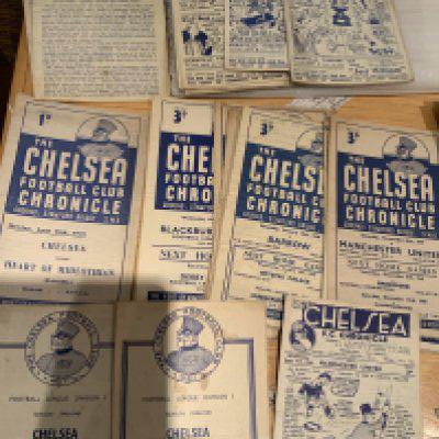 Chelsea Home Football Programmes: 45/46 Bournemouth v Walsall South Cup finals, Aston Villa, 46/47 x 11 including Manchester United, 47/48 x 23 including Hearts, Manchester United, 48/49 x 2, 49/50 x 15. From 58/59 to 70/71 there is a large quantity that must be nearly complete. Good condition.