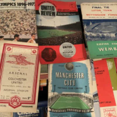 Football Programme + Memorabilia Box: Over 30 Chelsea aways mainly from the 60s and a wad of more modern homes. Goal + Charles Buchan magazines. Wide variety of big match to include FA Cup finals, programmes from the 50s and 60s. Spotted 47/48 Arsenal v Colchester friendly and much more. Worth a look. (box)