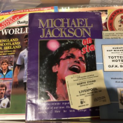 Football Programmes + Memorabilia: Quantity with many from the 60s to include good Tottenham and big match content. Spotted a few tickets to include Spurs 60s and England. C/W WC Willie beer mat, wall charts, coin set and some single sheets. (box)