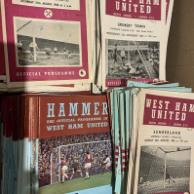 West Ham Home Football Programmes: All small style programmes from 60/61 to 82/83. Possibly some complete sets. 60/61 x 15, 61/62 x 21, 62/63 x 21, 63/64 x 26, 64/65 x 18, 65/66 x 21, 66/67 x 18, 67/68 x 14, 68/69 x 20, 69/70 x 18. Very good condition to include a few reserves and some early League Cup including 60/61 Charlton. (est 350)