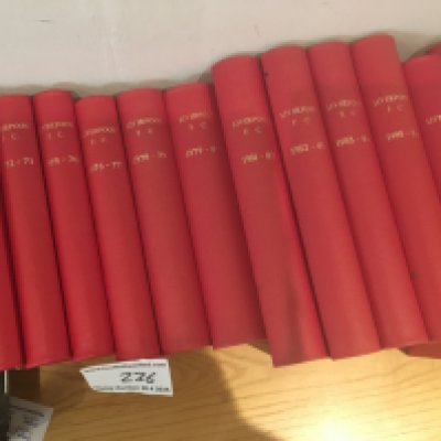Liverpool Bound Volumes Of Football Programmes: Probably complete of all 1st team homes with covers. Seasons 63/64 champions 65/66 72/73 75/76 76/77 78/79 79/80 81/82 82/83 83/84 85/86 87/88 + 89/90. (13) C/W a mid 80s card hand signed by 12 including Alan Kennedy Ian Rush Phil Neal and Bruce Grobbelaar.
