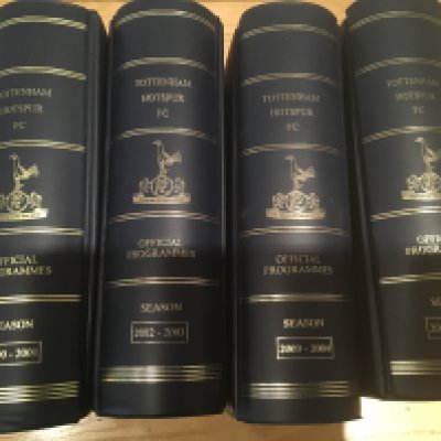 Tottenham Home Football Programmes: Four seasons in official binders from seasons 2000/2001 2002/2003 2003/2004 + 2004/2005. Good with instructions to sell. (4)