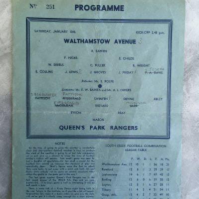 39/40 Walthamstow Avenue v QPR Football Programme: First team friendly dated 13 1 1940. Single sheet for quickly arranged friendly due to war interrupting league season. Very good condition with pencilled team changes. Doubt this has ever been for sale before.