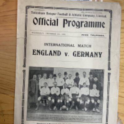 1935 England v Germany Football Programme: Fair condition played at Tottenham. No team changes. Four tears to border.