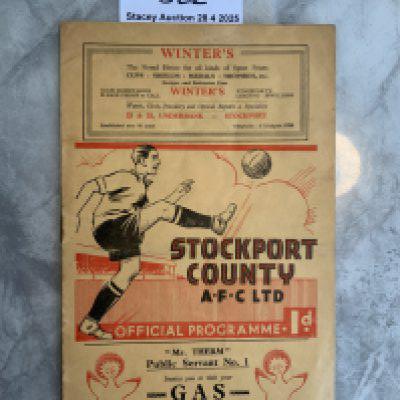 36/37 Stockport County v York City Football Programme: Very good condition Division Three programme with no team changes. Separate press cuttings stating a 6-0 win for Stockport in their championship season.