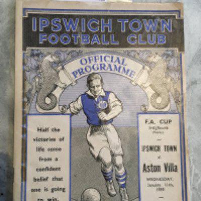 38/39 Ipswich Town v Aston Villa FA Cup Football Programme: Good condition programme with no team changes. Spine repairs with discreet tape to back page.