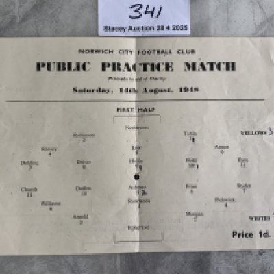 1948 Norwich City Practice Match Football Programme: Good condition single sheet with no team changes but score and scorers noted. Dated 14 8 1948.