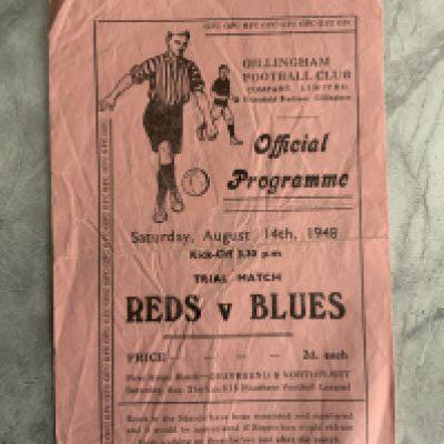1948 Gillingham Practice Match Football Programme: Good condition Blues v Reds programme with no team changes. Dated 14 8 1948. Creasing.
