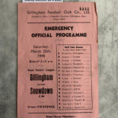 47/48:Gillingham v Snowdown Welfare Colliery Football Programme: Very good condition single sheet programme with no team changes. Dated 20 3 1948 from the Kent Senior League.