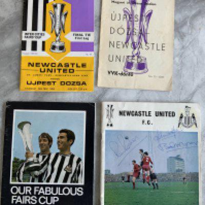 1969 Fairs Cup Final Football Programmes: Both legs of Ujpest Dozsa v Newcastle plus Our Fabulous Fairs Cup and Newcastle United brochures the latter signed to cover by 3 players. Very good. (4)