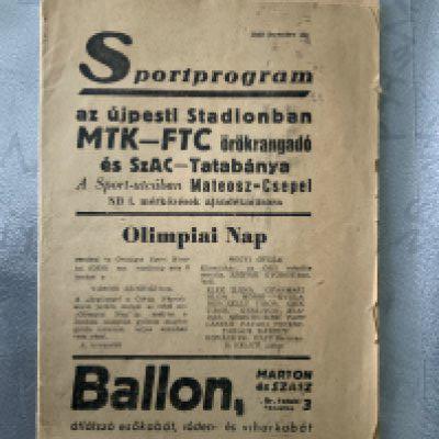 1948 Hungarian Football Programme: 16 page programme dated 12 December 1948 appears to cover 3 matches. Szac v Tatabanya, Mateosz v Meszaros and MTK v FTC. Fair/good condition with no writing.