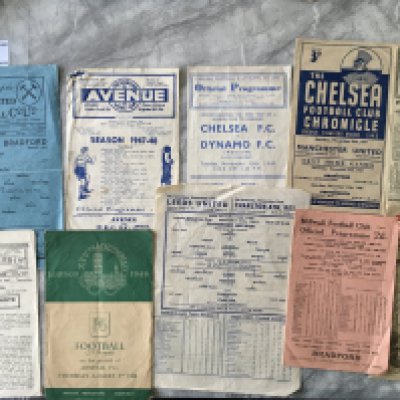 1940s Football Programmes: Includes Chelsea home v 45/46 Moscow Dynamo, 47/48 Manchester United, away 46/47 Arsenal FA Cup replay. 1948 Olympics at Arsenal Italy v Denmark, 47/48 Millwall v Preston FA Cup, Tottenham v Chelsea LCC and more. Fair/good. (10)