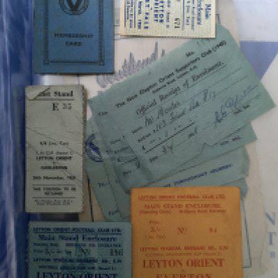 Leyton Orient 1940s + 1950s Football Memorabilia Folder: Must view to includes 51/52 home FA Cup tickets v Everton Arsenal and Gorleston. There are membership cards, supporters club enrolment receipts, handbook, fixture lists, cuttings, team group pictures, 1948 Spotlight magazine and 11 early 50s programmes.