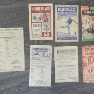 Manchester City Away Football Programmes: 46/47 Fulham single sheet with tear, 47/48 Stoke piece missing, Huddersfield, 48/49 Derby, 49/50 Portsmouth, Burnley stain, 51/52 Sunderland. Good unless stated. (7)