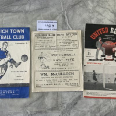 49/50 Football Programmes: Motherwell v East Fife, Ipswich v Aldershot Reserves and Manchester United v Portsmouth spine nearly completely split. All have folding but no team changes. (3)