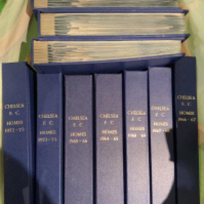 64/65 - 73/74 Chelsea Home Football Programmes: Complete home football programmes including FA Cup matches blue binders with gold lettering stating Chelsea FC Homes and season. Mainly good. (10 seasons)