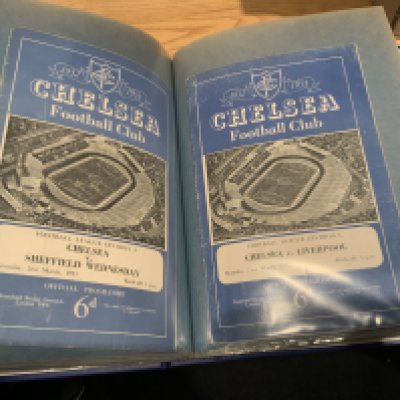 52/53 Chelsea Home Football Programmes: All 21 league home football programmes plus 3 cup in very good condition in a blue binder with gold lettering stating Chelsea FC Homes 1952-53. Includes harder to obtain Stoke and Liverpool. (24)