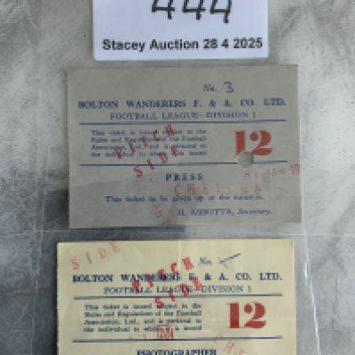 54/55 Bolton v Chelsea Press Football Tickets: Pitch side press and photographer tickets with a hole punch in each. Chelsea were champions this season.