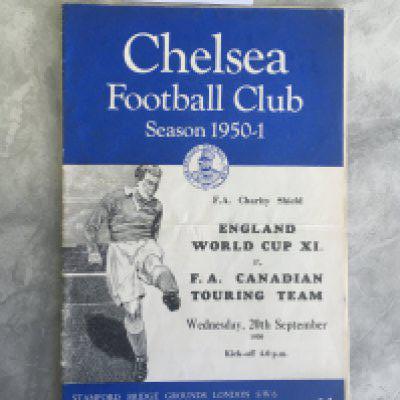 1950 Charity Shield Football Programme: Played at Chelsea between England World Cup X1 and FA Canadian Touring Team. Good condition with team changes and light fold.