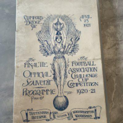1921 FA Cup Final Football Programme: Tottenham v Wolverhampton Wanderers played at Chelsea. Excellent condition now after professional clean and repair to spine area. No team changes. Receipt from 2023 for nearly 2k.