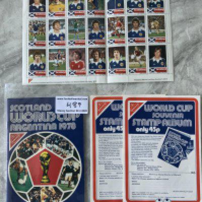 Scotland 1978 Rare Football Cards + Album: Uncut sheet of 31 Argentina World Cup cards in mint condition with empty album and two adverts.
