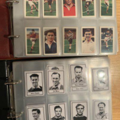Football Card Collection: Includes Cadets 1957 complete, incomplete sets by Sweetule Ogdens plus some reproduced cards. Signed items including Trevor Ford Jimmy Armfield Brian Clough Ron Clayton Glen Hoddle Wilf Mannion and others. Quantity in two albums.