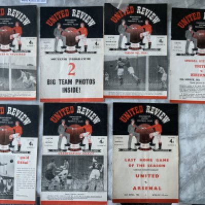 51/52 Manchester United Home Football Programmes: Includes friendly v Manchester City, Tottenham, Arsenal, Liverpool, Burnley, Aston Villa and Wolves. Good. (7)