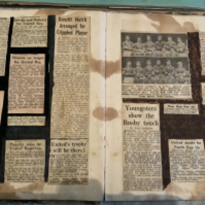 Manchester United Busby Babes Football Scrapbooks: 4 large scrapbooks covering the 1957 semi final and final, early European matches, 57/58 season which covers many matches and includes 4-5 win at Highbury the Munich Disaster through the eyes of a schoolboy. C/W a 60s scrapbook covering 1963 FA Cup final plus 1965 Championship team and more. C/W 2 exercise books one covering 56/57 season and the other is interesting as covers early Manchester schoolboy match reports including Man Utd 23 Nantwich 0 with Duncan Edwards scoring 5. ( 6 scrapbooks)