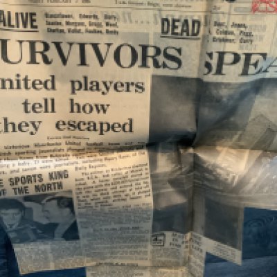 Manchester United Busby Babes Football Memorabilia: Over 50 large reproduced photos and a scrapbook containing cuttings and a 1957 FA Cup Final ticket. There is an original team group mounted by Kelsey Newspapers.