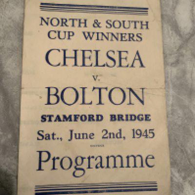 1945 Cup Final Pirate Football Programme: Chelsea v Bolton North v South Cup winners played at Stamford Bridge. 4 page programme with no team changes. Good with folding.