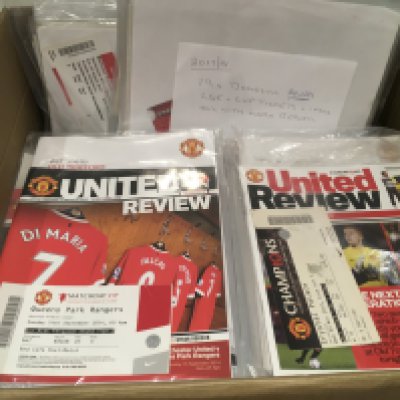 Manchester United Home Football Memorabilia: 2011/12 x 24 programmes with some having team sheets match reports and tickets. 2014/15 complete run of programmes including cup all with team sheets and match reports plus 10 tickets, additionally there are 23 away league and cup tickets all with press cuttings. 2017/18 x 19 domestic league and cup away tickets all with match reports.