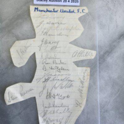47/48 Manchester United Football Autograph: Odd shaped page after being cut out of lined exercise page. Signed in pencil by 23 from the FA Cup final winning team.