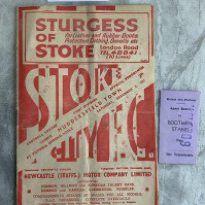 47/48 Stoke City v Huddersfield Town Programme + Ticket: Good condition programme and ticket counterfoil dated 6 Dec 1947. (2)