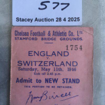 1946 England v Switzerland Football Ticket: Full International played Chelsea on 11 5 1948. Tiny crease but overall good.