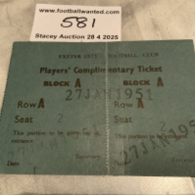 50/51 Exeter City v Chelsea FA Cup Football Ticket: Both pieces of players complimentary ticket professionally reattached with the right hand side having small piece torn off. Date stamped 27 Jan 1951.