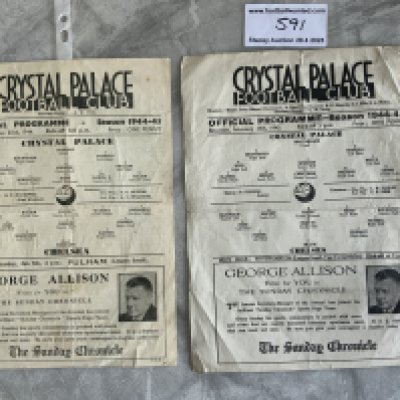 44/45 Crystal Palace v Chelsea Football Programmes: League and cup single sheets in fair condition with no team changes. Few marks to rear and folding. (2)