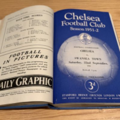 Chelsea 51/52 Bound Volume Of Football Programmes: Starting with practice match then all 1st team and reserves. Includes Hearts. Excellent with covers intact.