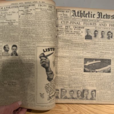 1926 - 1927 Athletic News Bound Volume Of Sport Magazines: From August 2nd 1926 to May 9th 1927 and we believe this is a complete run of the weekly newspaper. Every volume covers football including the Cardiff v Arsenal FA Cup final. Big feature on Portsmouth promotion back to division one. Other sports include Ashes Cricket Rugby Union + League Athletics Running and more. Small format heavy bound volume of which outer board has become detached.